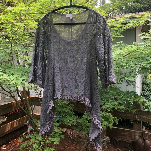 Pretty Angel Tops - Grey Lace & PomPom Fringe Blouse